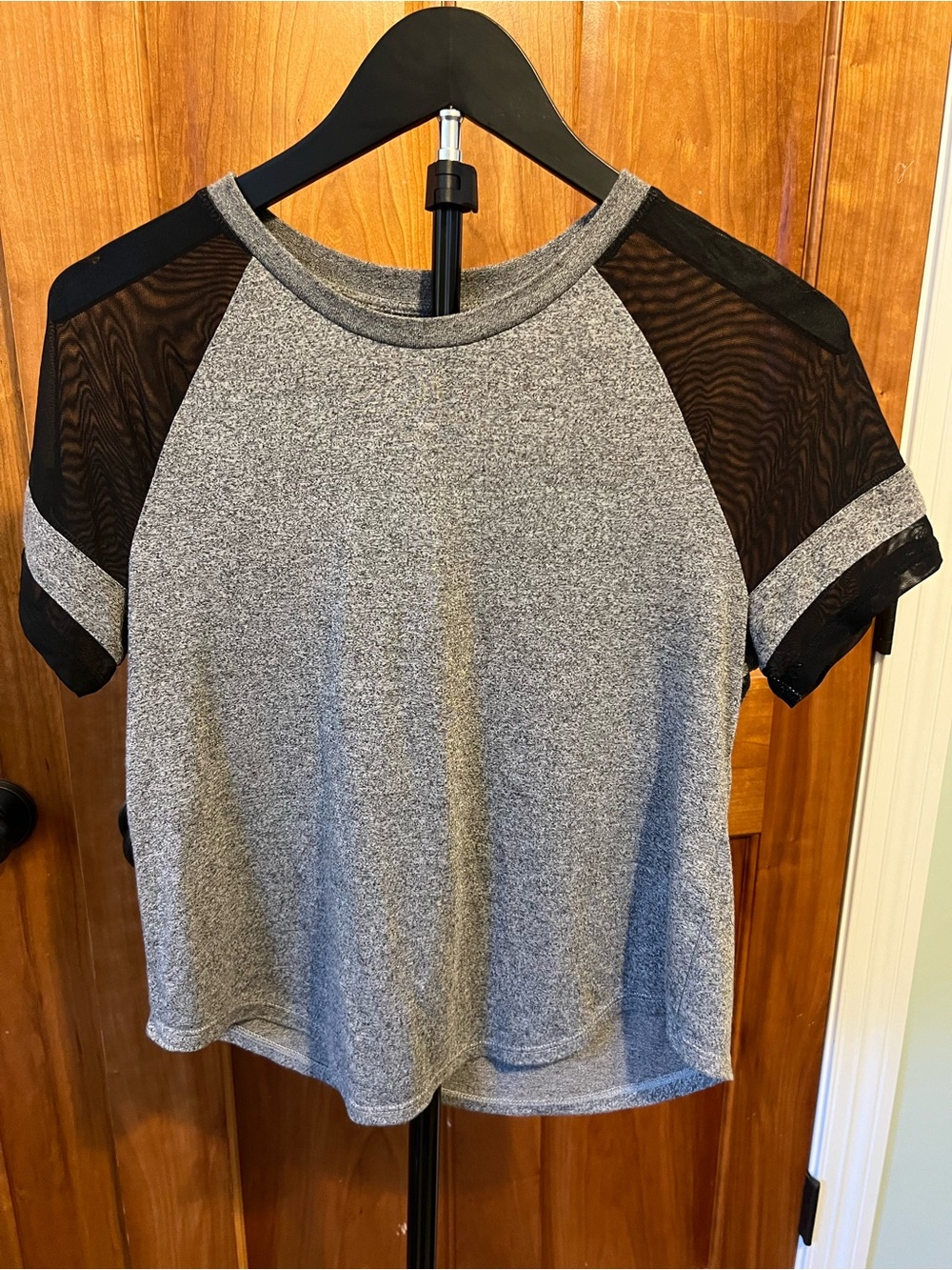 H&M Gray Short Sleeve Top with Black Mesh Raglan Sleeves